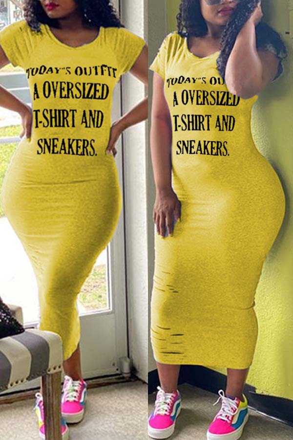 

Lovely Leisure O Neck Letter Print Yellow Mid Calf Dress