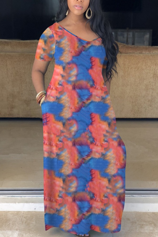 

Lovely Bohemian V Neck Print Deep Blue Maxi Dress