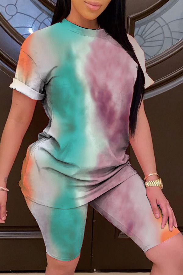 

Lovely Leisure O Neck Tie-dye Green Two-piece Shorts Set