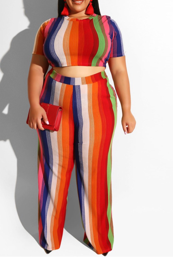 

Lovely Stylish Striped Bright Red Plus Size Two-piece Pants Set