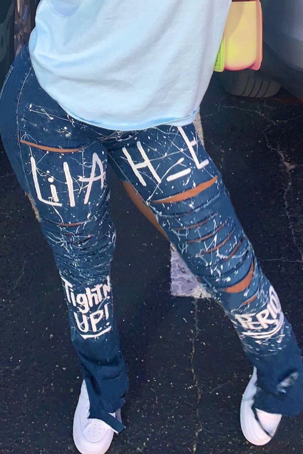 

Lovely Stylish Hollow-out Blue Pants