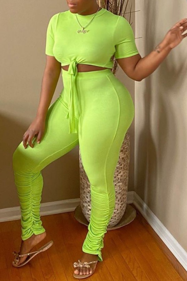 Lovely Street Fold Design Green Two-piece Pants Set
