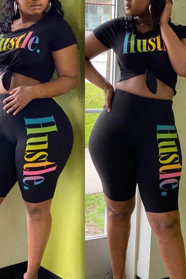 

Lovely Leisure O Neck Letter Print Black Two-piece Shorts Set