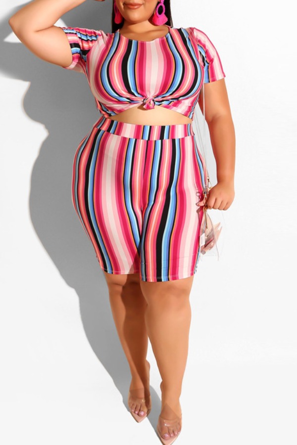 

lovely Stylish O Neck Striped Plus Size Two-piece Shorts Set, Stripe