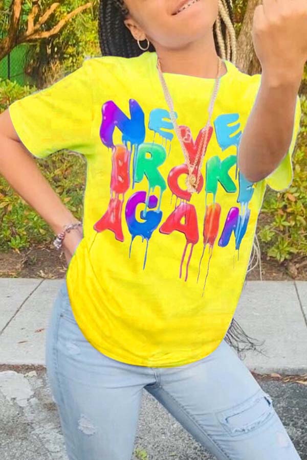 

lovely Casual O Neck Letter Print Yellow Plus Size T-shirt