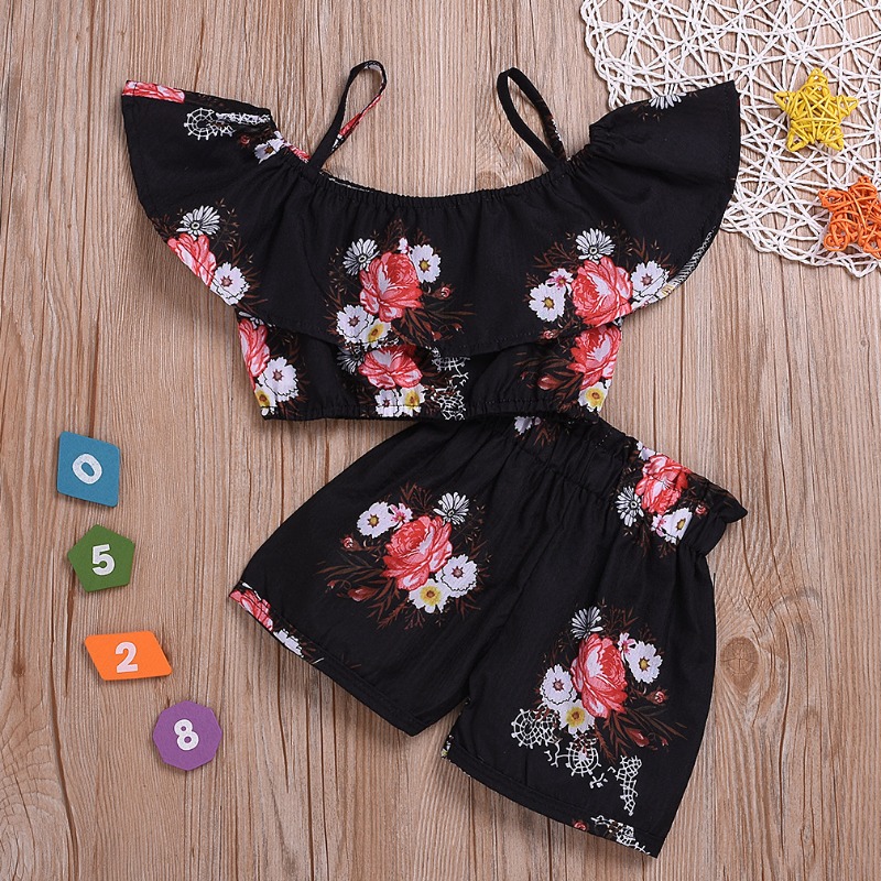 

lovely Stylish Floral Print Black Girl Two-piece Shorts Set