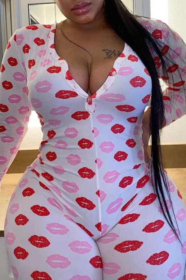 

lovely Casual Lip Print Red One-piece Jumpsuit