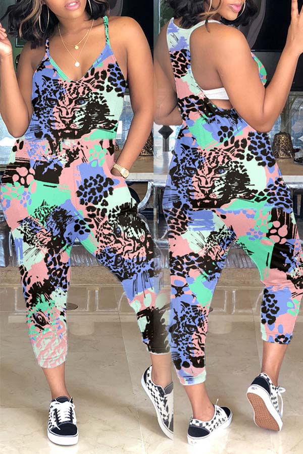 

lovely Trendy Print Deep Blue One-piece Jumpsuit