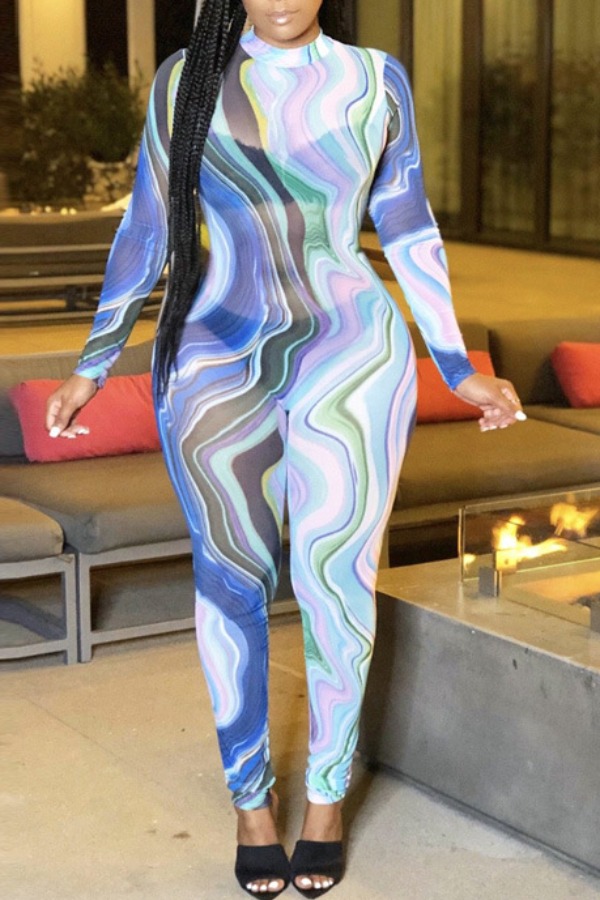 

lovely Trendy Print Blue One-piece Jumpsuit