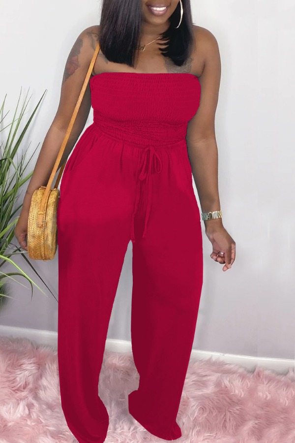

lovely Leisure Dew Shoulder Lace-up Red One-piece Jumpsuit