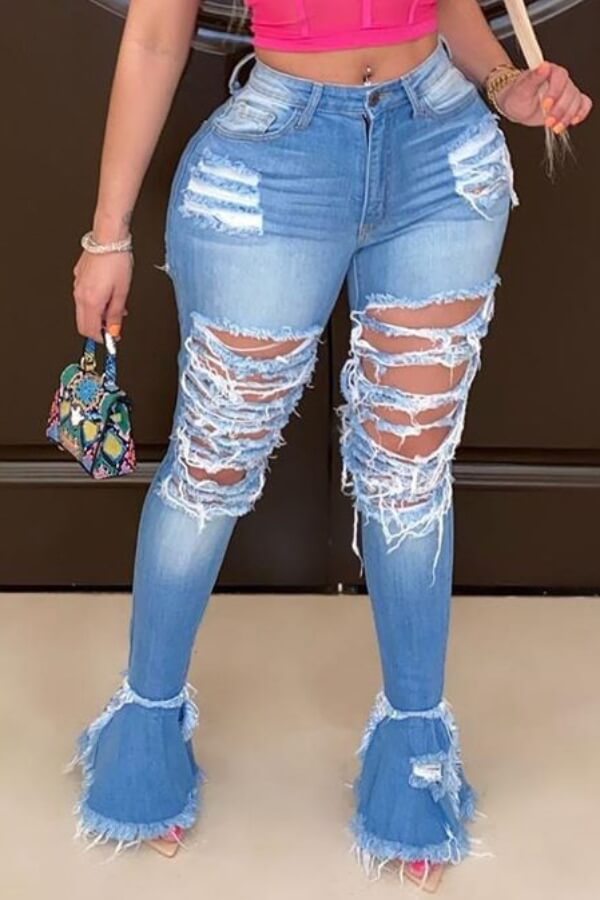 

LW Plus Size Extreme Distressed Raw Hem Flare Leg Jeans, Deep blue