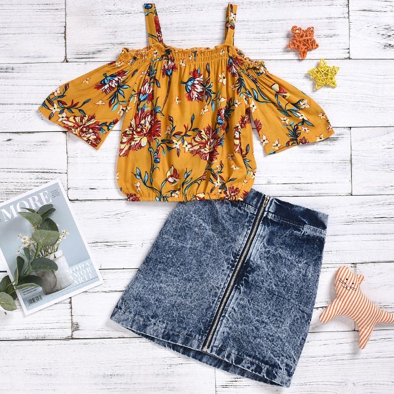 

lovely Sweet Print Yellow Girl Two-piece Skirt Set