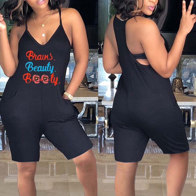 

lovely Casual Letter Print Black Plus Size One-piece Romper