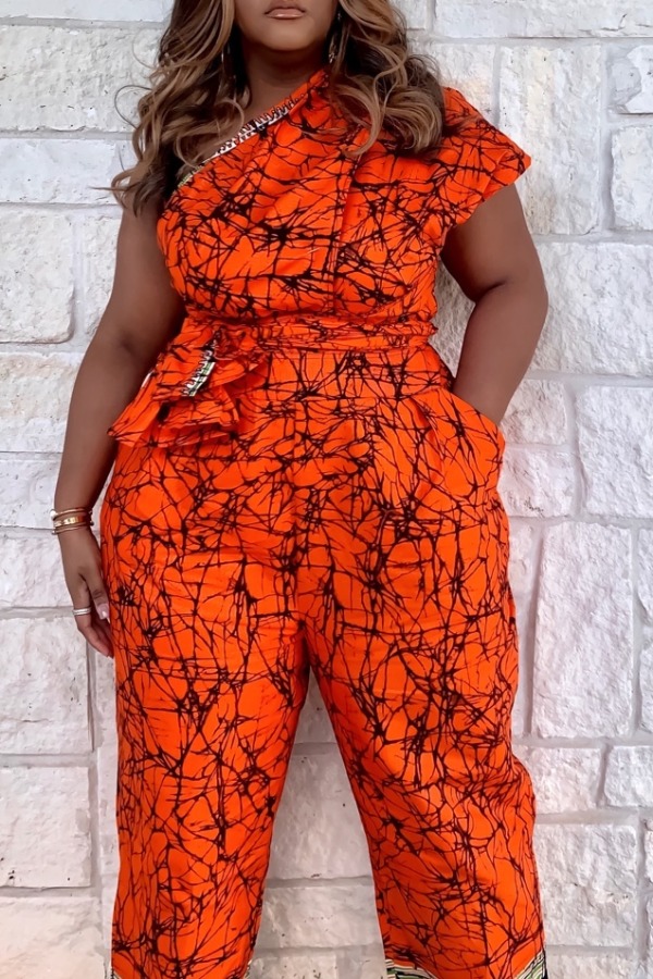 

lovely Leisure One Shoulder Print Jacinth Plus Size One-piece Jumpsuit