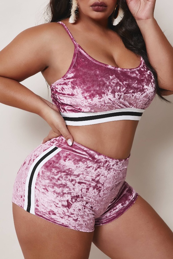 

lovely Sportswear Patchwork Pink Plus Size Two-piece Shorts Set