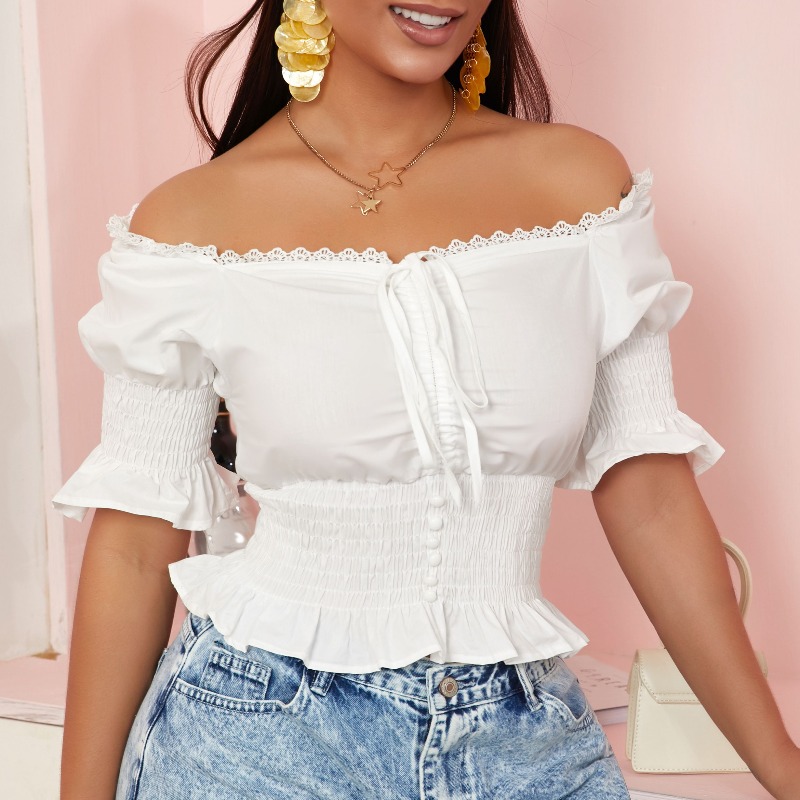 

lovely Trendy Flounce Design White Blouse
