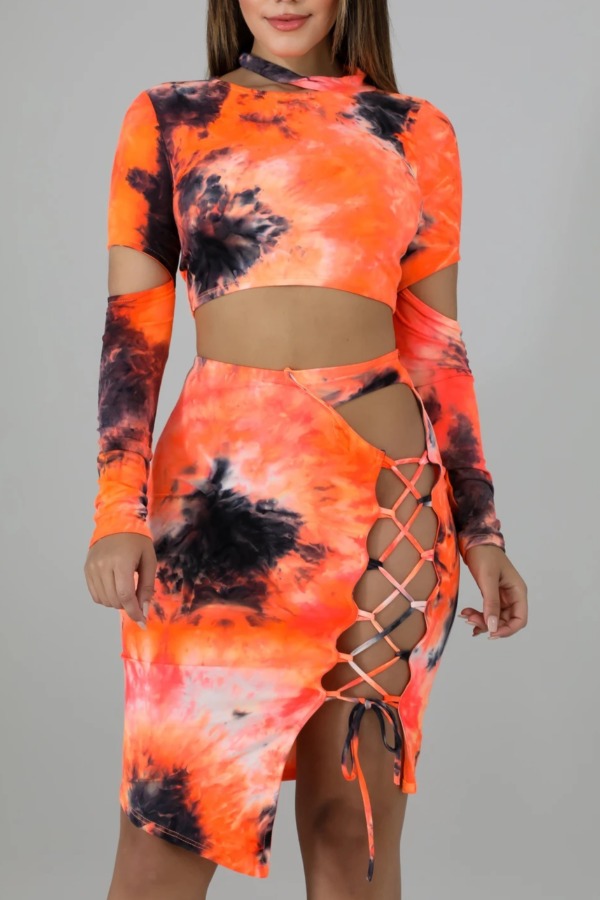 

lovely Trendy Tie-dye Orange Two-piece Skirt Set