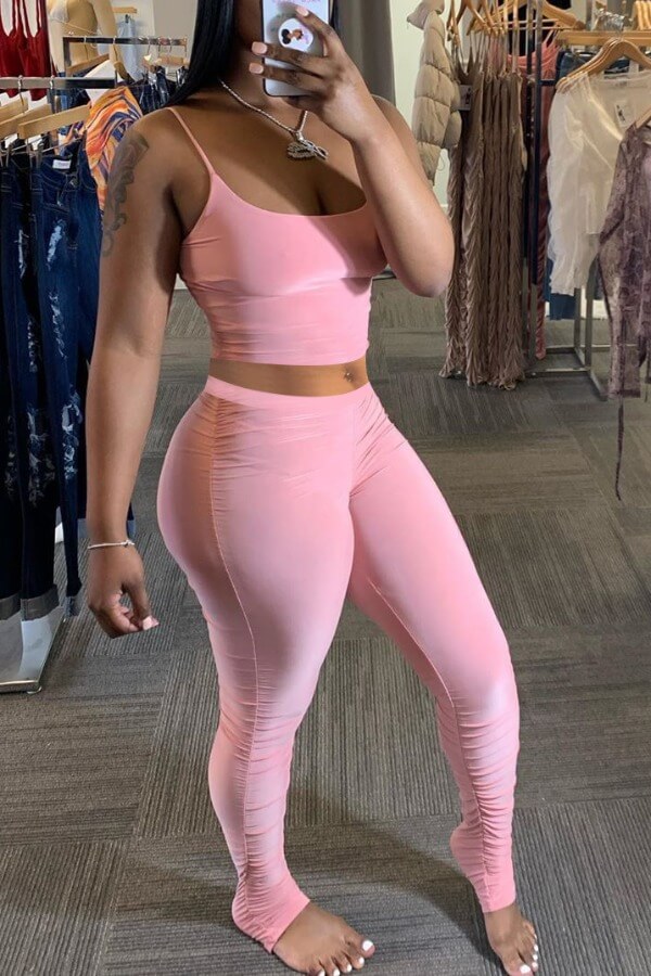 

Lovely Sexy Basic Skinny Pink Two-piece Pants Set