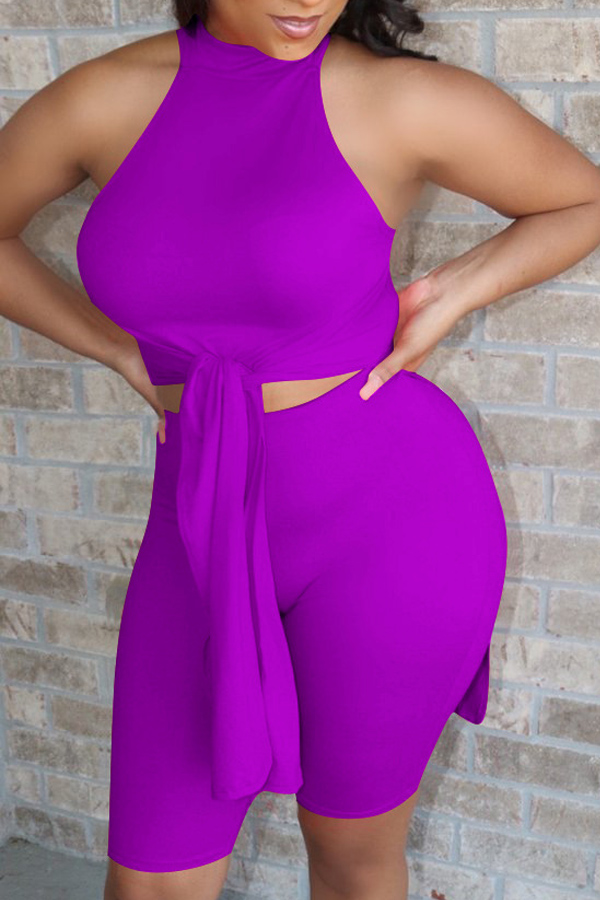 

lovely Stylish Lace-up Purple Two-piece Shorts Set