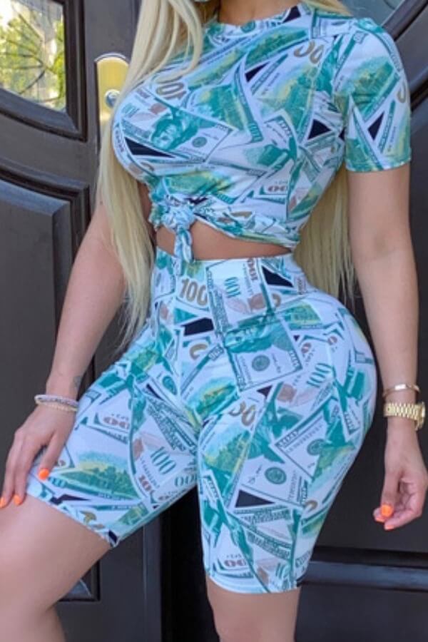 

Lovely Casual O Neck Print Blue Two-piece Shorts Set