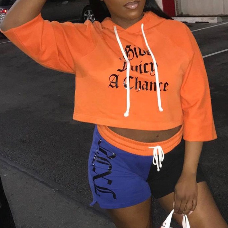 

lovely Sportswear Letter Print Orange Two-piece Shorts Set