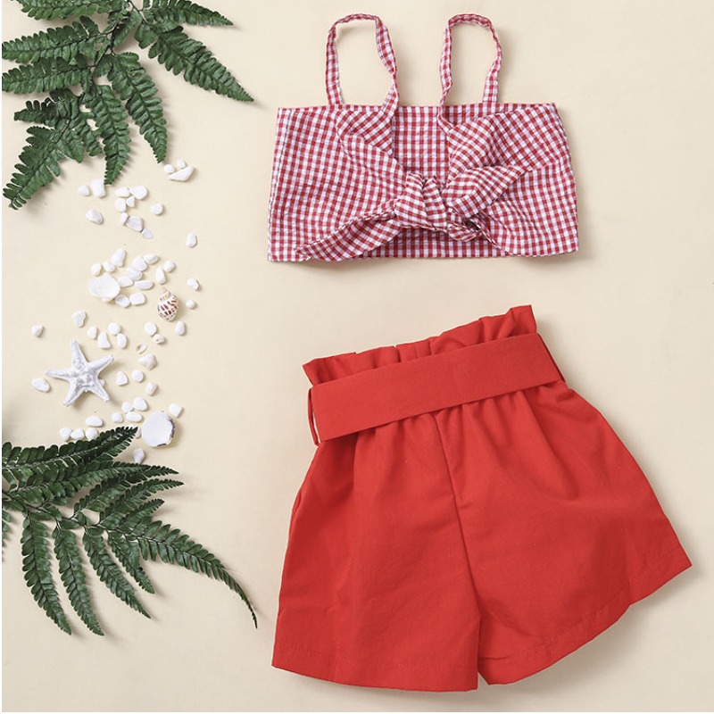 

lovely Sweet Grid Print Red Girl Two-piece Shorts Set