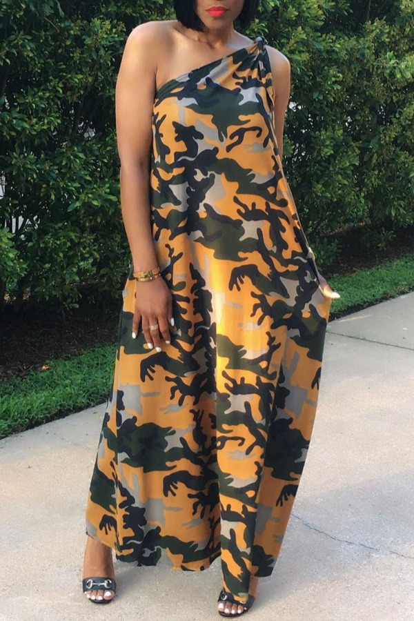 

lovely Leisure One Shoulder Print Croci Ankle Length Dress