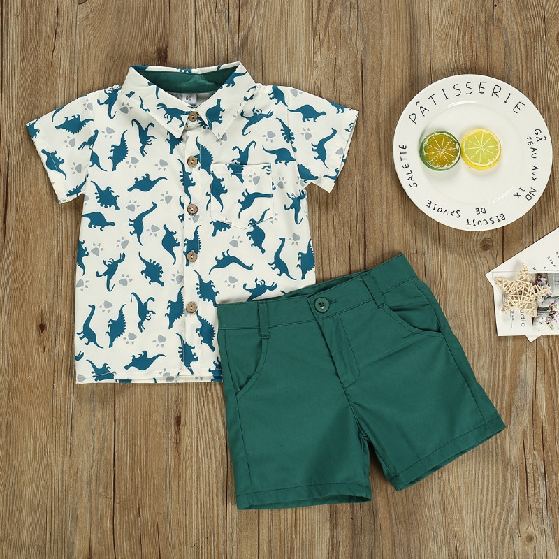 

lovely Stylish Print Green Boy Two-piece Shorts Set