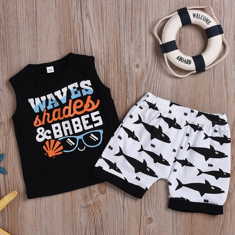 

lovely Stylish Letter Print Black Boy Two-piece Shorts Set