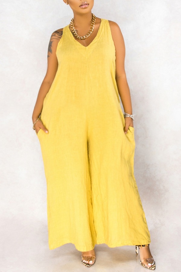 

lovely Leisure Loose Yellow Plus Size One-piece Jumpsuit