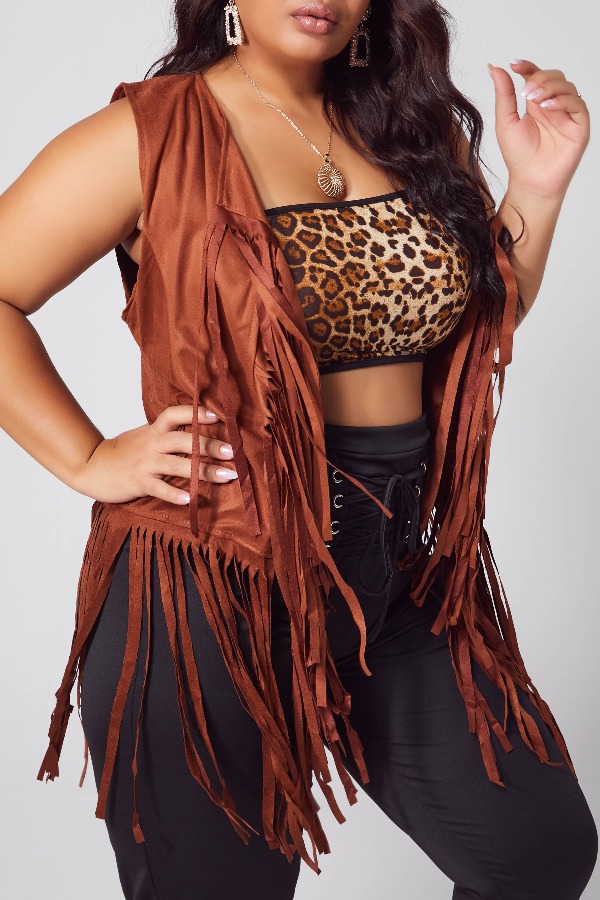

lovely Trendy Tassel Design Khaki Plus Size Waistcoat