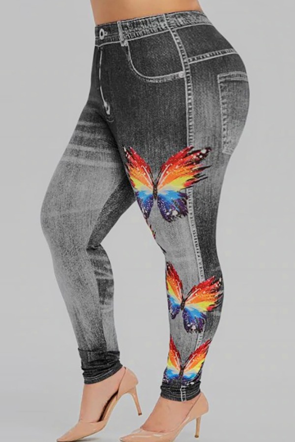 

lovely Trendy Butterfly Print Grey Plus Size Pants