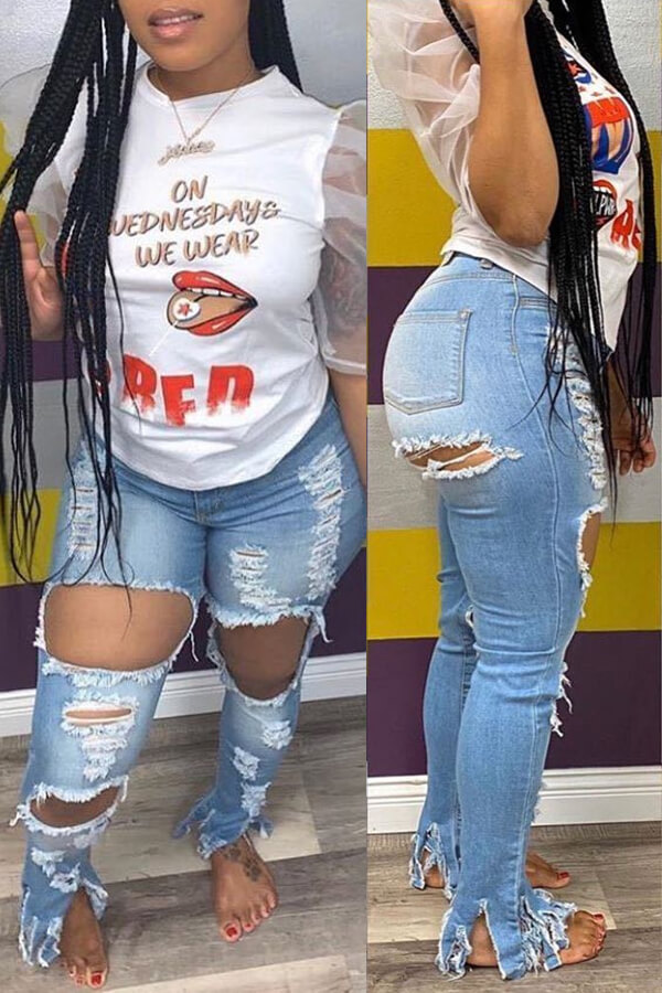 

LW Stylish Hollow-out Baby Blue Jeans