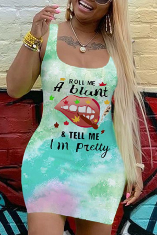 

lovely Casual Lip Print Green Mini Dress