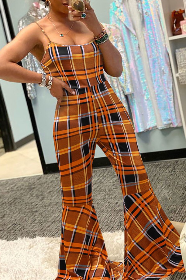 

lovely Stylish Grid Print Orange Plus Size One-piece Jumpsuit