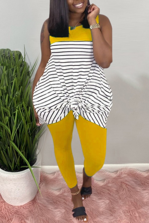 

lovely Casual Striped Yellow Plus Size Two-piece Pants Set