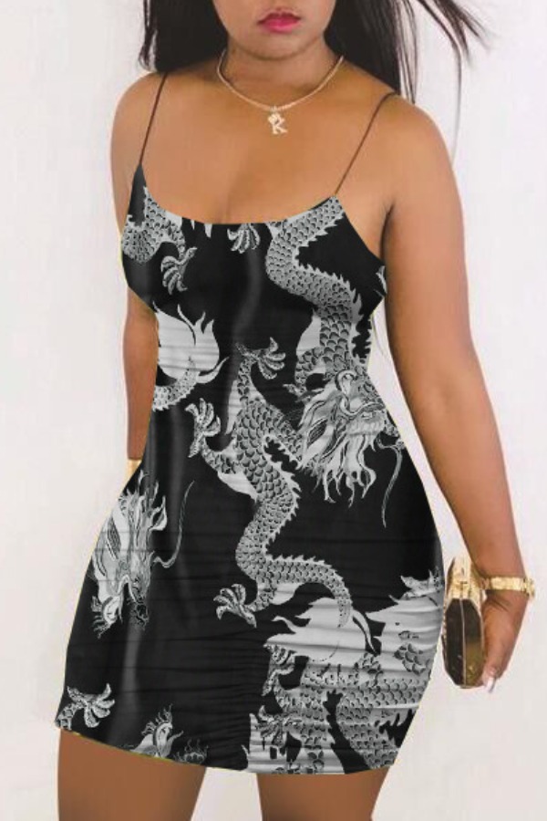 

lovely Trendy Print Black Mini Plus Size Dress