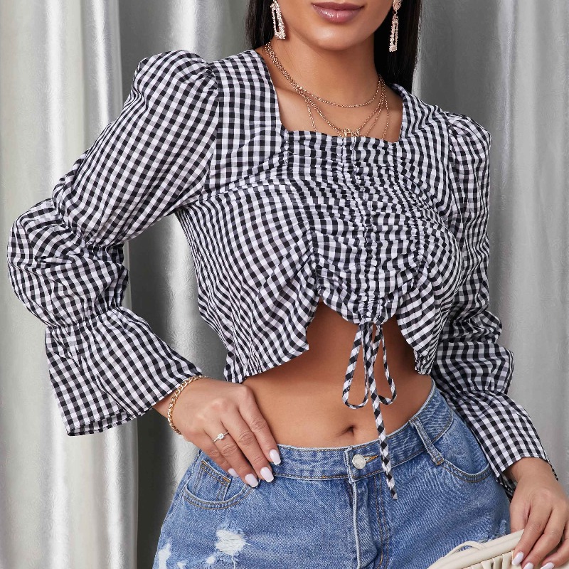 

lovely Stylish Grid Print Black Blouse