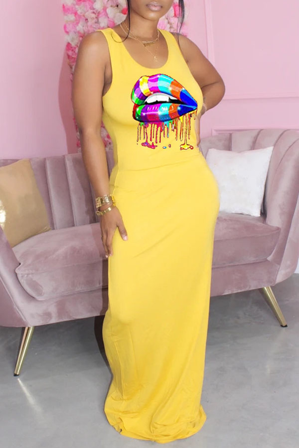 

lovely Casual Lip Print Yellow Maxi Dress