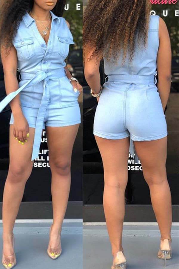 

Lovely Trendy Buttons Design Baby Blue One-piece Romper
