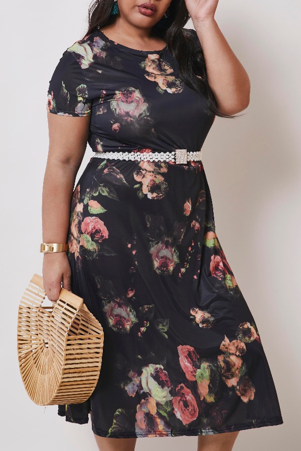 

lovely Casual Print Black Mid Calf Plus Size Dress