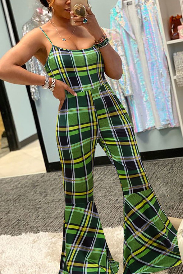 

lovely Stylish Grid Print Green Plus Size One-piece Jumpsuit