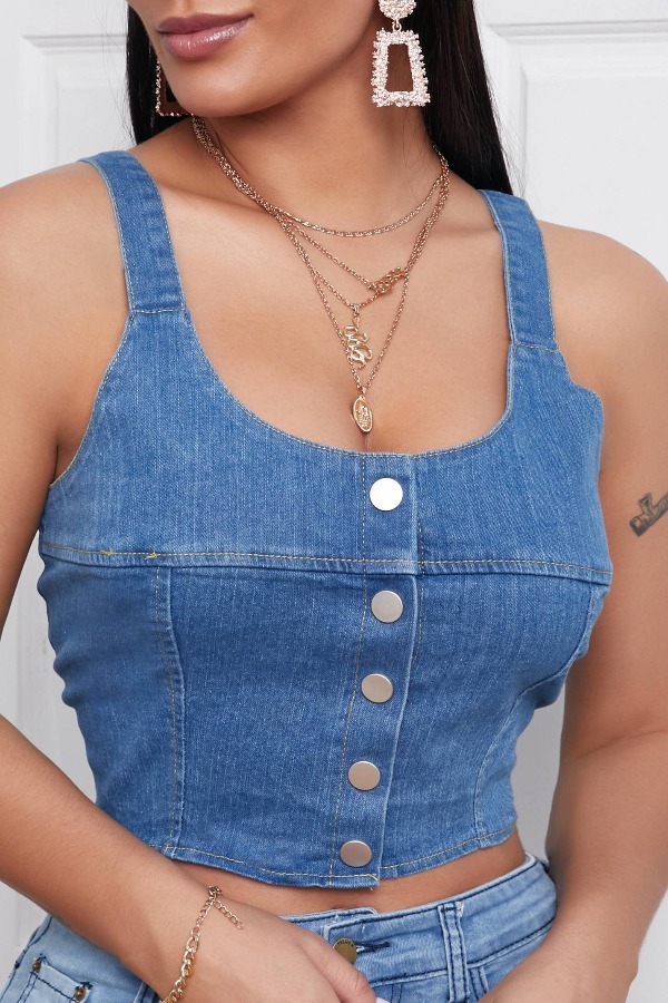 

lovely Casual Buttons Design Blue Denim Camisole