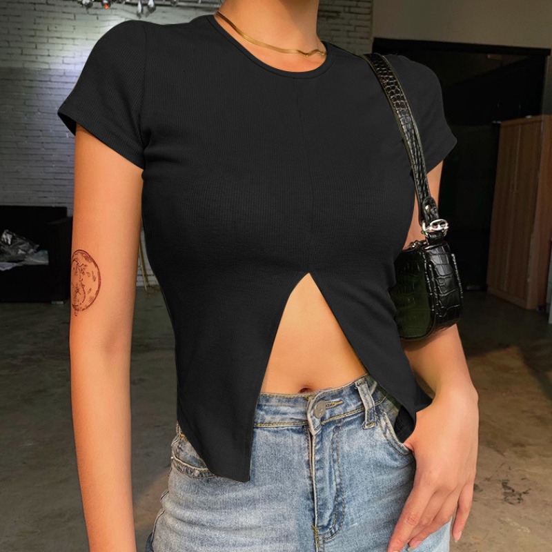

lovely Stylish O Neck Front Slit Black T-shirt