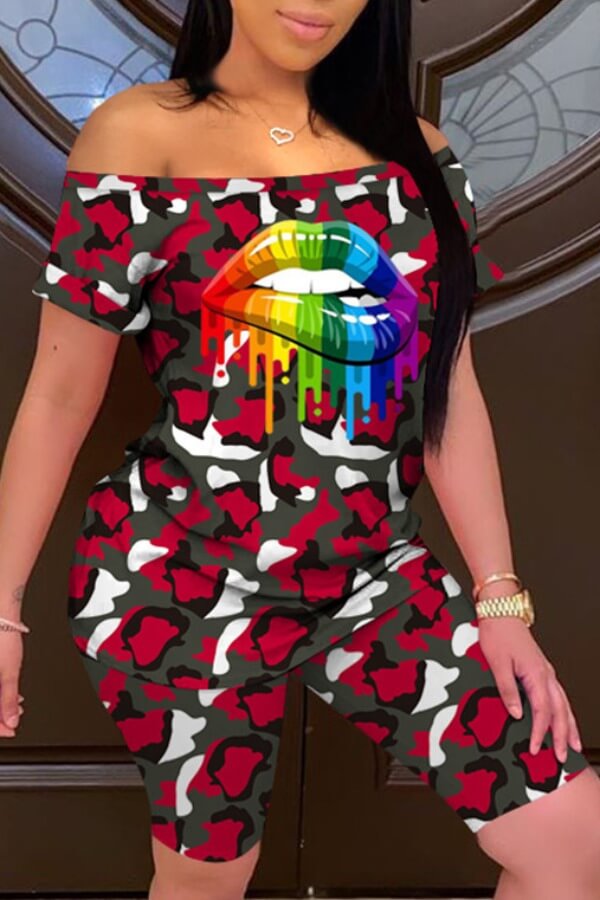 

lovely Casual Lip Print Red Two-piece Shorts Set