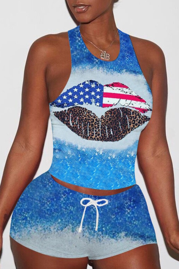 

lovely Casual Lip Print Blue Two-piece Shorts Set