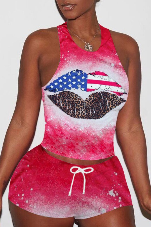 

lovely Casual Lip Print Red Two-piece Shorts Set