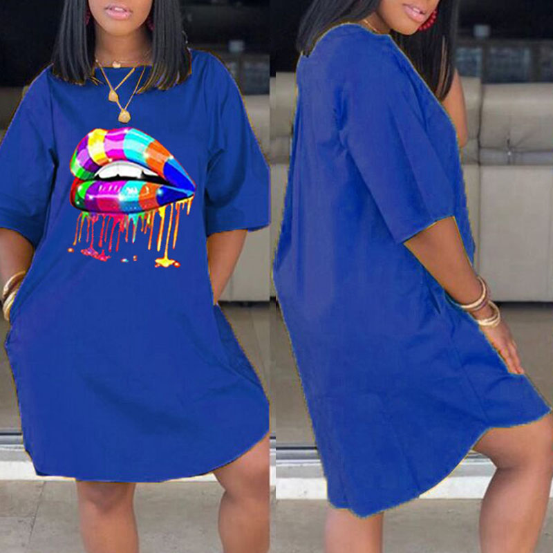 

lovely Casual Lip Print Blue Knee Length Dress