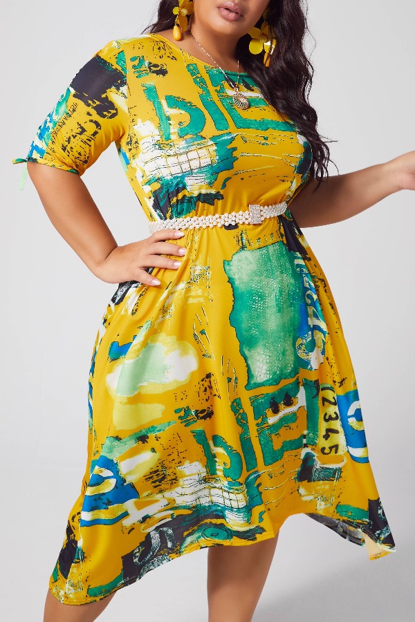 

lovely Bohemian Print Yellow Mid Calf Plus Size Dress