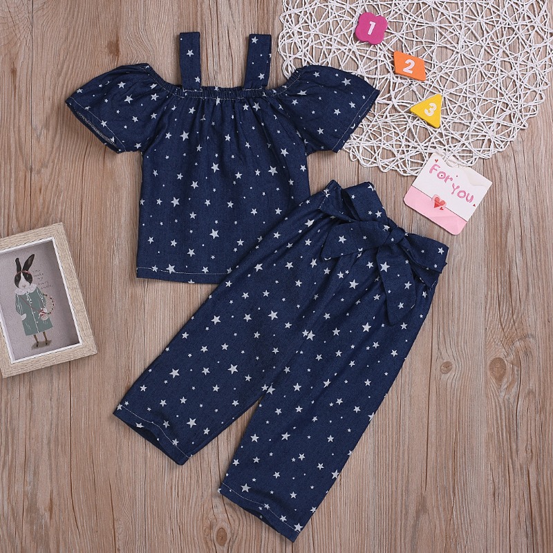 

lovely Sweet Print Deep Blue Girl Two-piece Pants Set